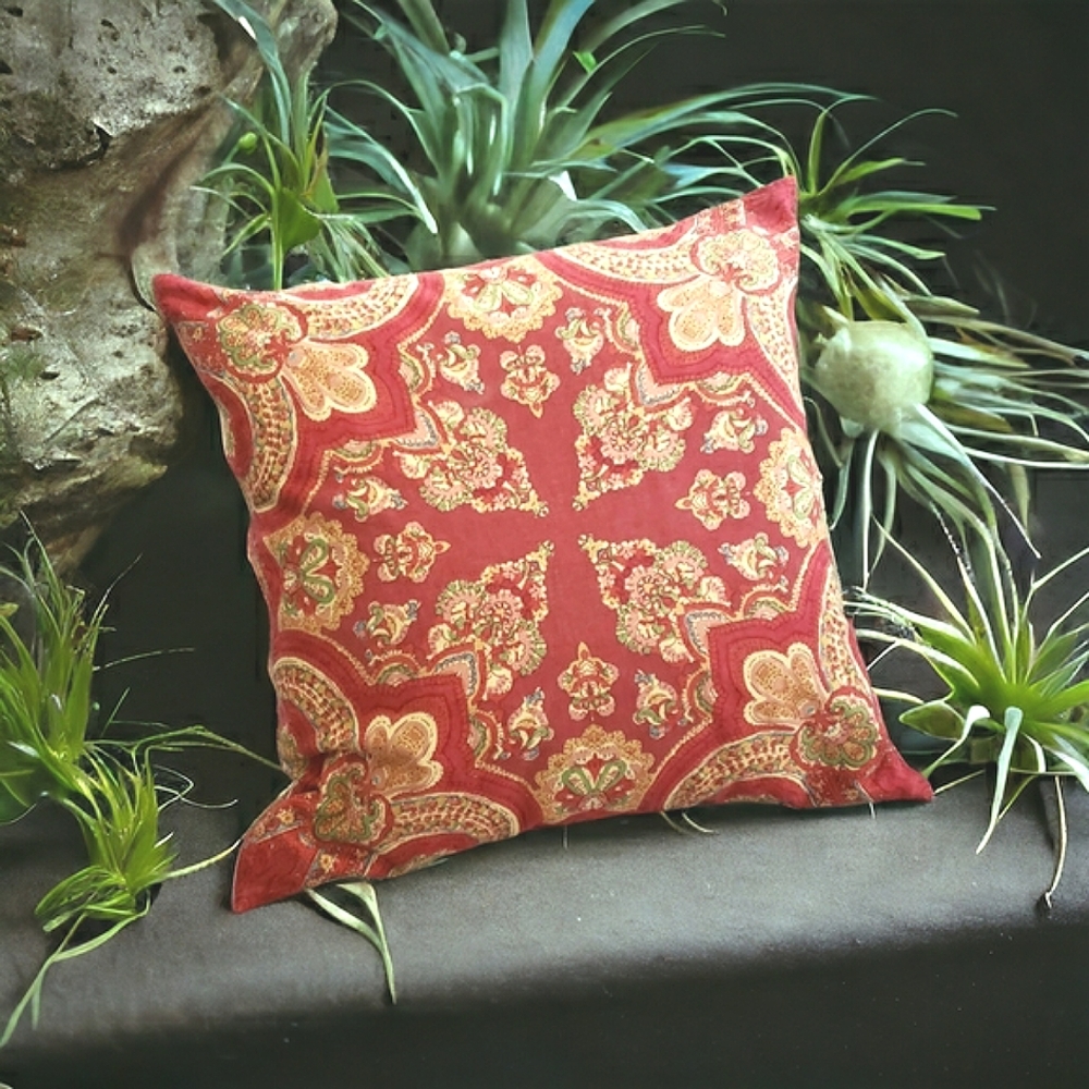Pottery Barn Feather Pillow Red & Gold Bohemian Boho Sofa Throw Pillow